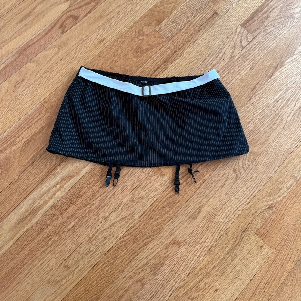 Sexy lingerie mini skirt suspender belt pinstripe belted